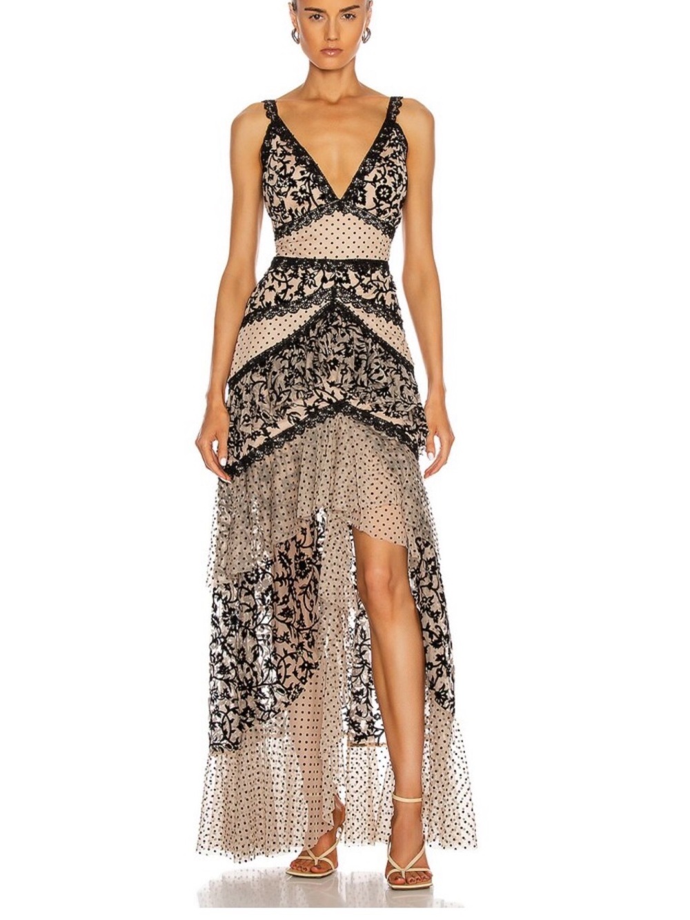 PatBO Beige and Black High-Low V-Neck Lace Overlay Maxi Dress